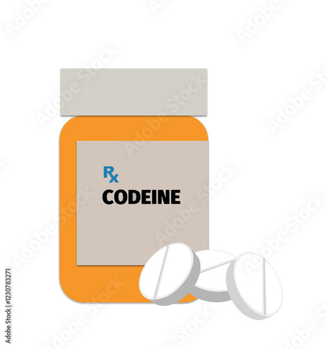 Codeine drug pills bottle. Orange original medicine box with Rx medical symbol, Codeine text and tablet form medicines on the bottle. Methylmorphine, opium-containing analgesic (for moderate pain).
