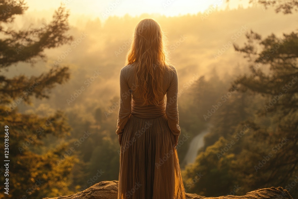 Woman with long blonde hair stands on a cliff overlooking a misty sunrise landscape. Woman with long blonde hair stands on a cliff overlooking a misty sunrise landscape.