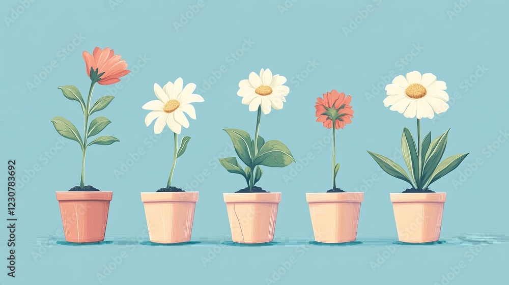 A flat vector illustration detailing the progressive withering of a potted flower, representing its life cycle from flourishing bloom to dry, sickly leaves and eventual demise due to poor care A flat vector illustration detailing the progressive withering of a potted flower, representing its life cycle from flourishing bloom to dry, sickly leaves and eventual demise due to poor care