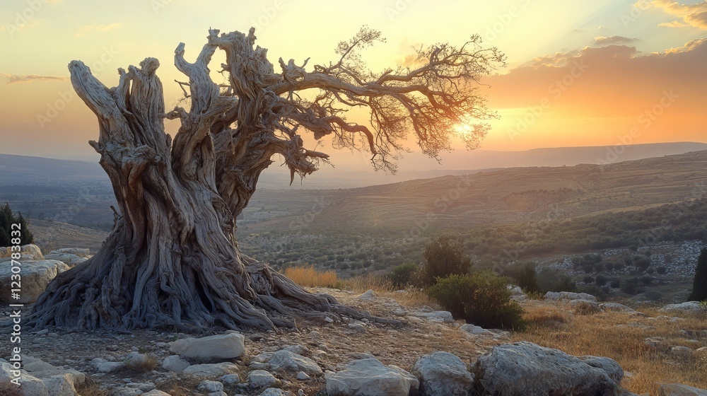 A gnarled, withered tree stands at dawn in Israel A gnarled, withered tree stands at dawn in Israel