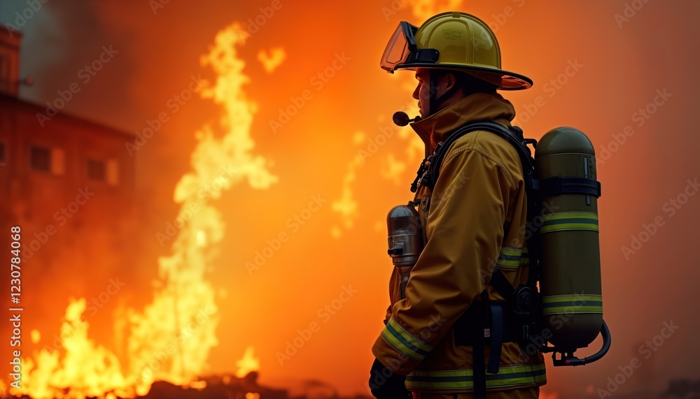Firefighter stands ready in protective gear facing large fire. Serious emergency situation. Firefighter in uniform with oxygen tank. Building on fire. Emergency services present. Fireman shows Firefighter stands ready in protective gear facing large fire. Serious emergency situation. Firefighter in uniform with oxygen tank. Building on fire. Emergency services present. Fireman shows