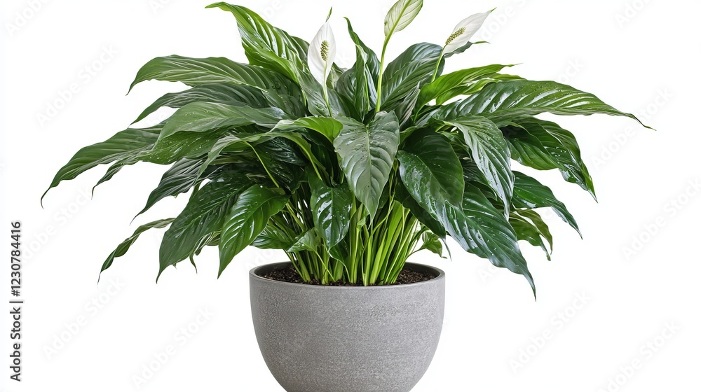 A peace lily (Spathiphyllum) with drooping, withering leaves signals its need for water. This common houseplant is displayed in a gray pot against a white background A peace lily (Spathiphyllum) with drooping, withering leaves signals its need for water. This common houseplant is displayed in a gray pot against a white background