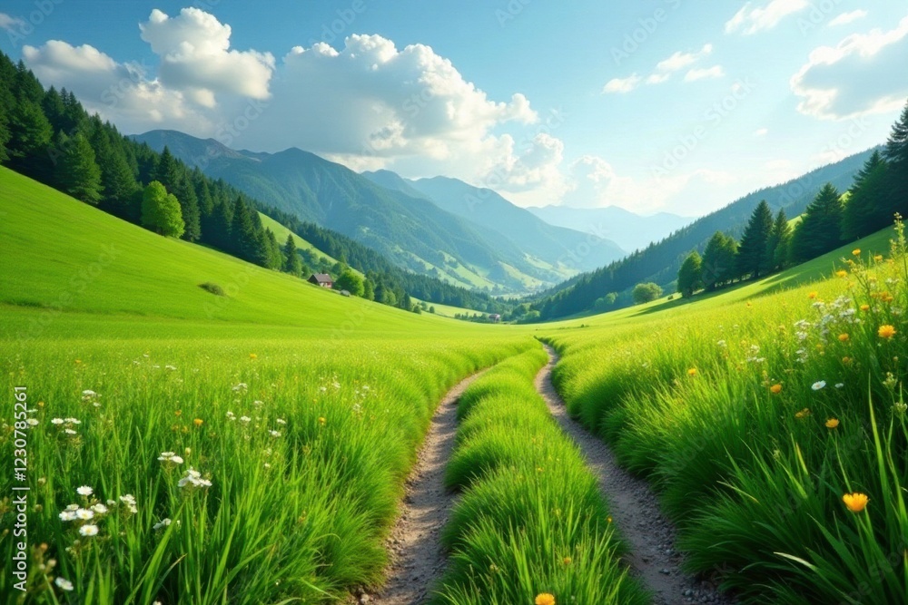 winding path through a lush green meadow in the valley, scenery, green winding path through a lush green meadow in the valley, scenery, green