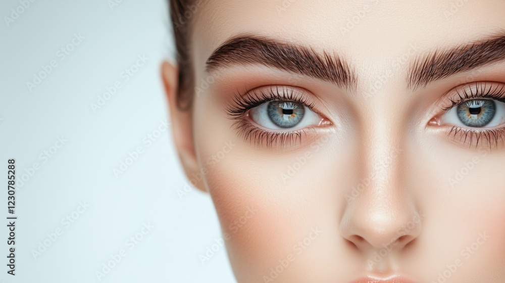 Fototapeta premium Eyelash extension procedure. Beautiful woman with long eyelashes. Facial treatment. Cosmetology, beauty skin care and spa concept. Isolated on white background. Permanent makeup. Microblading brow. 
