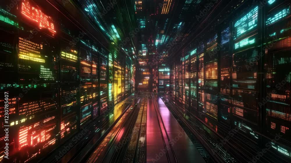 Glowing futuristic digital tunnel with data streams and neon lights Glowing futuristic digital tunnel with data streams and neon lights