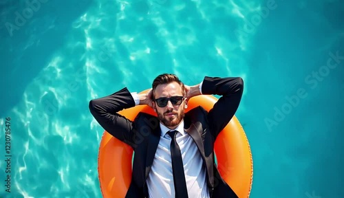 A man in a suit floats on an orange inflatable in a turquoise swimming pool