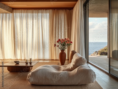 A white couch is in a room with a view of the ocean. A vase with flowers is on a table in front of the couch