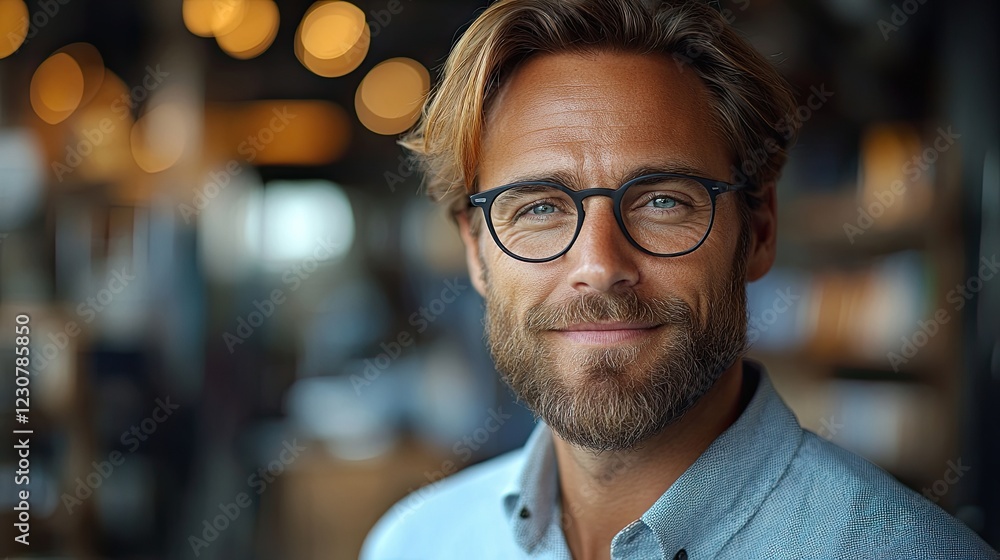 Close-up portrait of a smiling man with beard and glasses. Close-up portrait of a smiling man with beard and glasses.