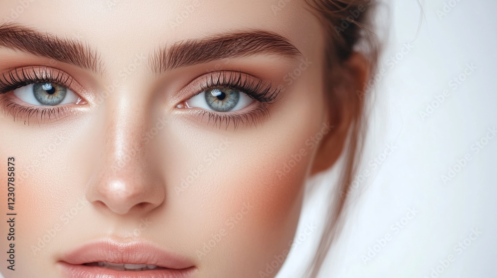 Eyelash extension procedure. Beautiful woman with long eyelashes. Facial treatment. Cosmetology, beauty skin care and spa concept. Isolated on white background. Permanent makeup. Microblading brow. Eyelash extension procedure. Beautiful woman with long eyelashes. Facial treatment. Cosmetology, beauty skin care and spa concept. Isolated on white background. Permanent makeup. Microblading brow.