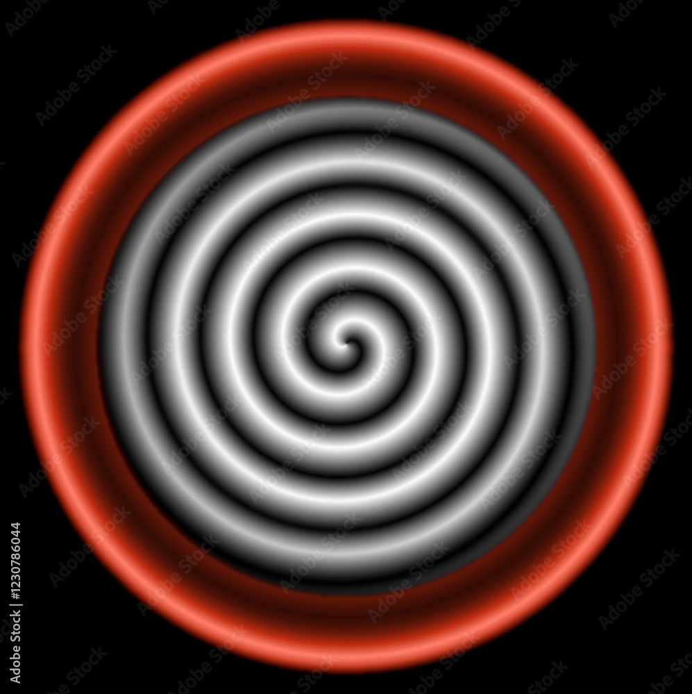 Red circle with a white spiral in the center on a black background.
Twisted white spiral with red border on black background.