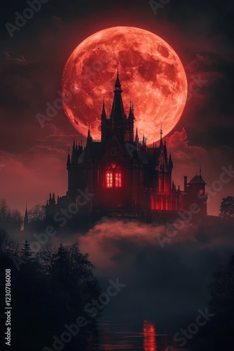 Blood Moon Gothic Castle Night Landscape Fantasy