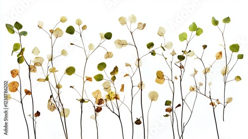 Delicate wild plant stems featuring a mix of fresh green leaves and withered foliage, isolated against a white background photo