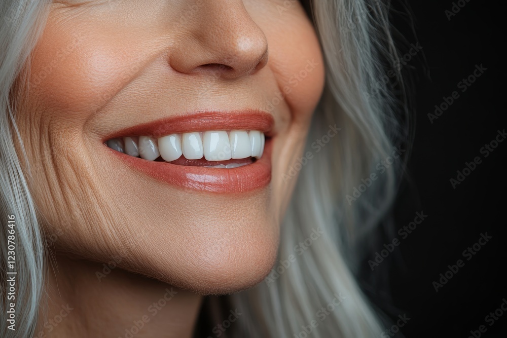 Obraz premium A young woman laughs, her closeup revealing white teeth implants and an overbite