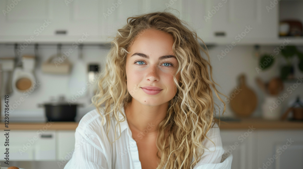 Young blond woman (teenager girl) in white kitchen. Lifestyle beauty hair and face. Happiness look
