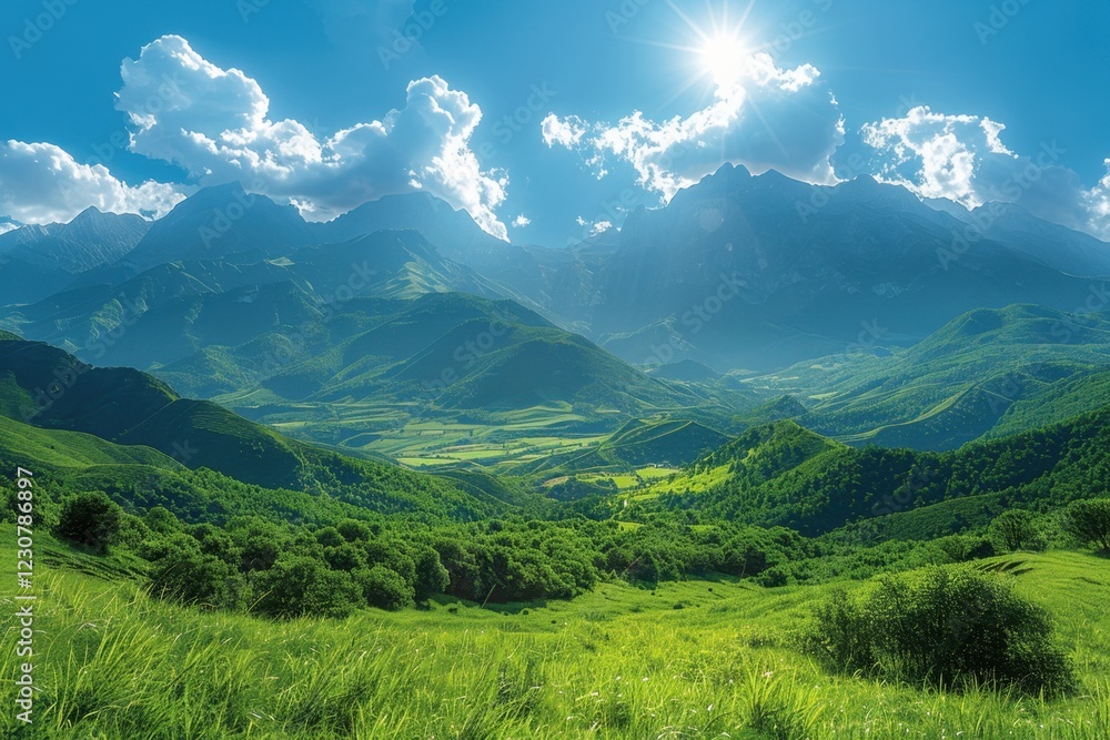Mountains with green grass and trees in the foreground Mountains with green grass and trees in the foreground