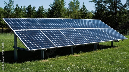Solar Panels Installed on Ground with Green Grass Background