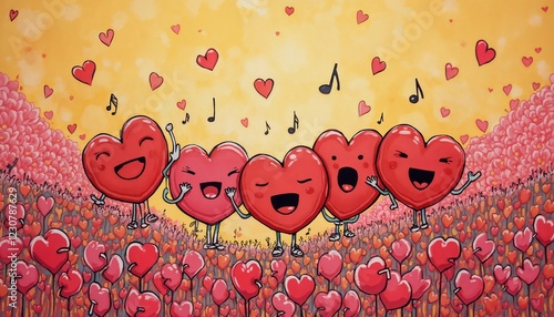 abstract background for Valentine's Day celebrations, red singing hearts and flowers rejoice and are happy together, pop art illustration