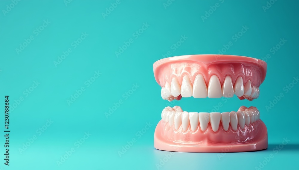 Obraz premium A playful model of oversized teeth set against a bright turquoise backdrop, exhibiting a humorous design