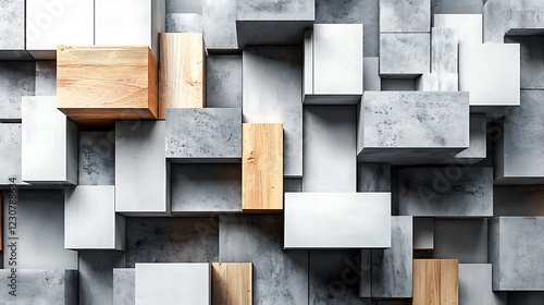 Geometric wall, wood and concrete, background, pattern