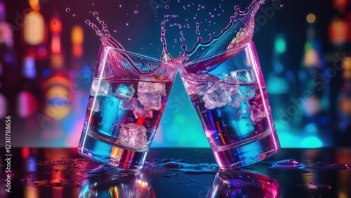Colorful vodka cocktails splash in glasses against a vibrant, illuminated bar background