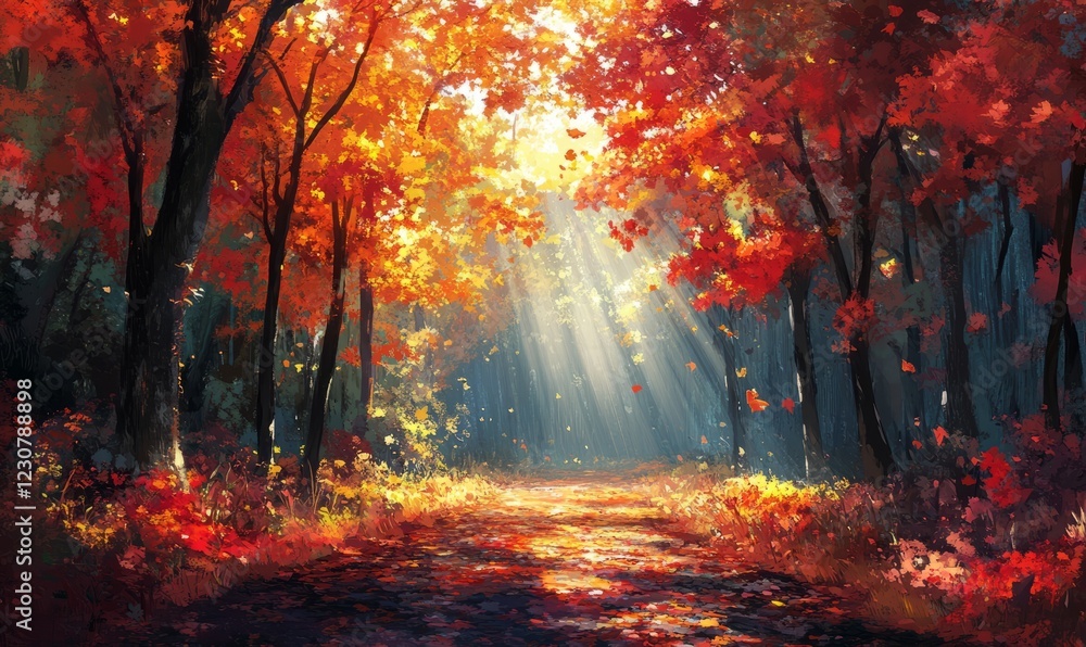 Sunbeams illuminate a path through a vibrant autumn forest, showcasing fiery red and orange foliage. Sunbeams illuminate a path through a vibrant autumn forest, showcasing fiery red and orange foliage.