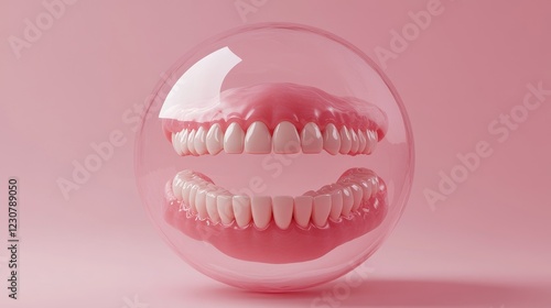 A whimsical piece featuring dentures enclosed in a clear sphere atop a pink surface, merging elements of humor, surrealism, and dental abstraction