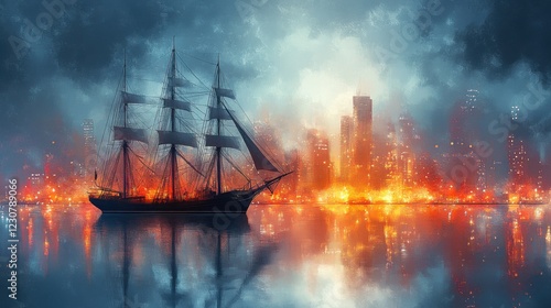 Wallpaper Mural Dramatic scene of a historic ship sailing through a fiery cityscape at dusk, reflecting on water Torontodigital.ca
