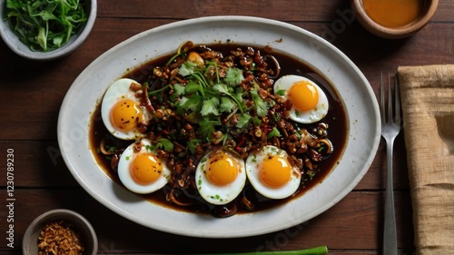 Top-Down Close-Up of Telur Masak Kicap – Malaysian Soy Sauce Eggs with Red Chilies and Cilantro photo