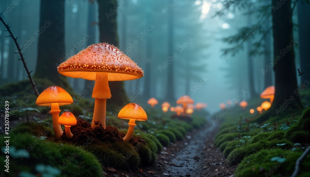 Fototapeta premium Glowing mushrooms illuminate misty forest path. Fantasy scene with glowing mushrooms in misty forest. Magic, mystical atmosphere. Nature, light show. Luminescent fungi in woodland environment. Scenic