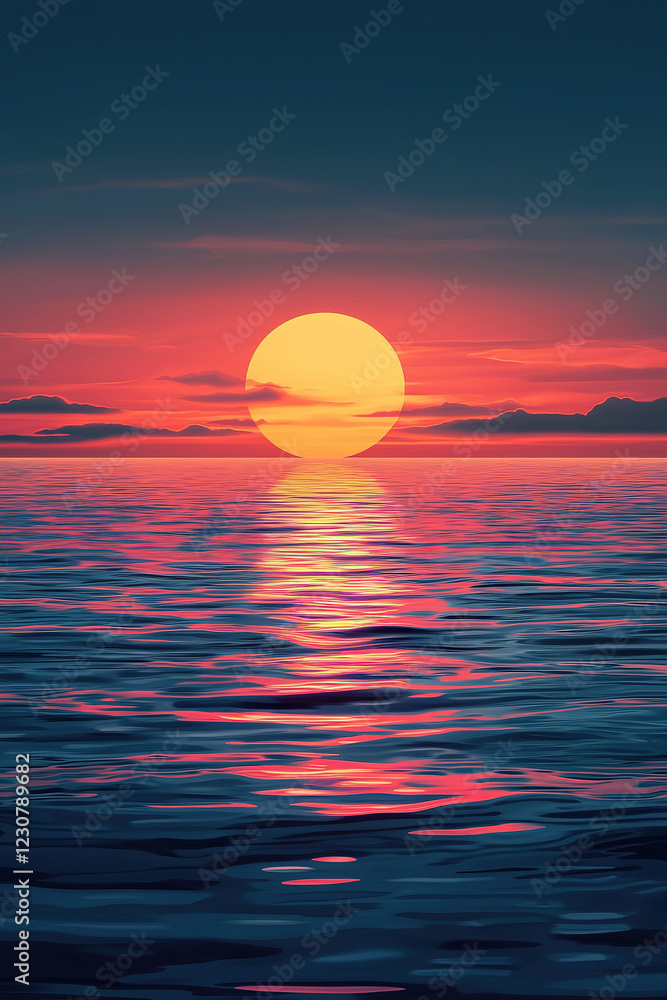 Big sun setting on the horizon reflecting on the water surface Big sun setting on the horizon reflecting on the water surface