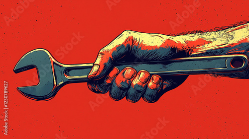 Construction worker holding wrench tight on red background