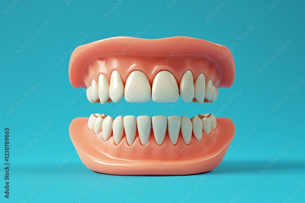 Fototapeta premium A surreal and humorous illustration of dentures appearing to levitate against a solid turquoise background, adding an element of whimsy to the image