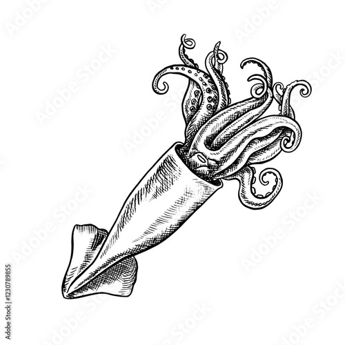 Sea squid. A hand-drawn vector graphic illustration. Black and white image of seafood. Separate from the background. Perfect for menus, recipe books, packages, labels, and more.
