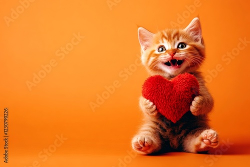 Commercial concept art. Cute munchkin feline infant cub with fluffy red heart - emblem of love, funny greeting card. Munchkin - my treasured cat. Love concept photo. Love pet february. photo