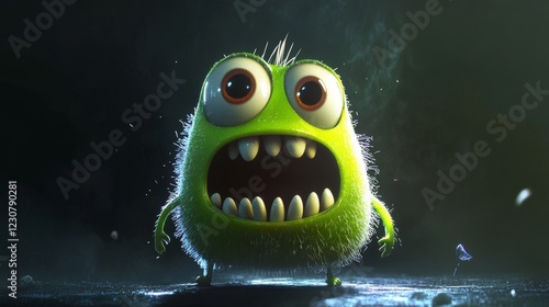 A green cartoon monster, wide-eyed and sharp-toothed, shows fear in a way that's both funny and engaging