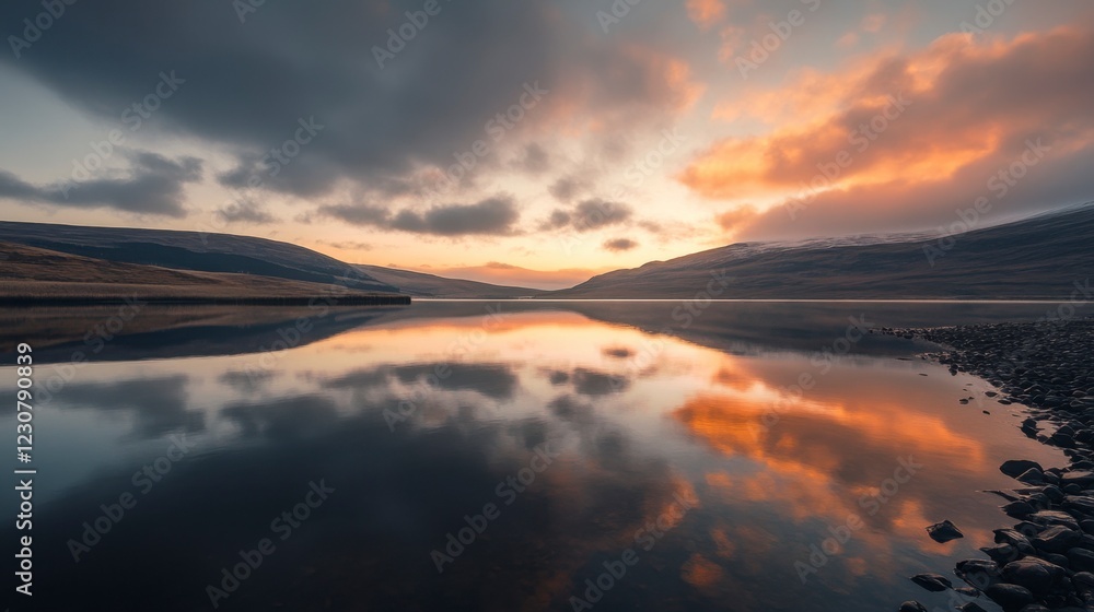 Fototapeta premium Serene Sunset Reflection on Calm Highland Loch - Scotland