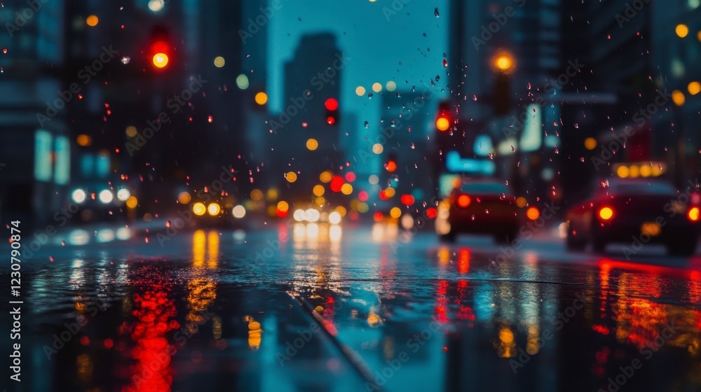 Naklejka premium Rainy Night Cityscape Reflections - Urban Night Mood