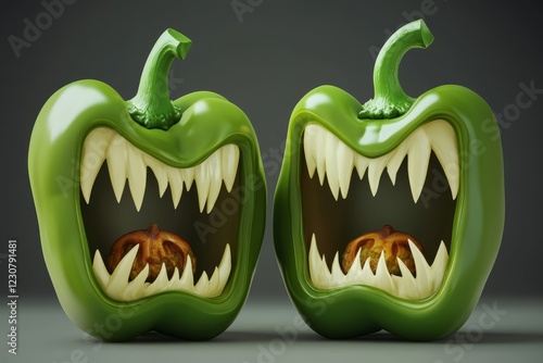 Two green bell peppers with comically large mouths sporting sharp teeth, which adds a playful and humorous touch photo