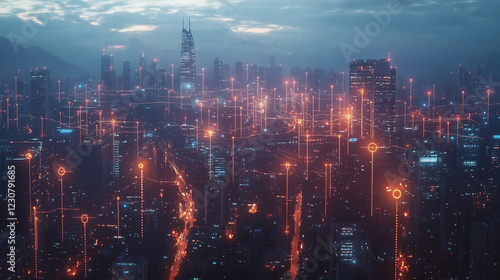 Smart digital Innovation city with connection network reciprocity over the cityscape. of future smart wireless digital city and social media networking systems that connects people with in city