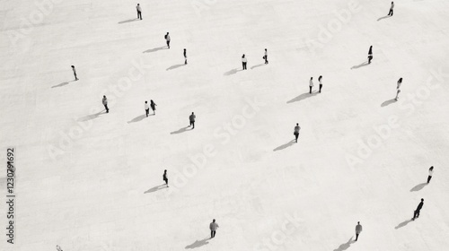 Aerial view of many people sparsely scattered on a large, light-grey surface.