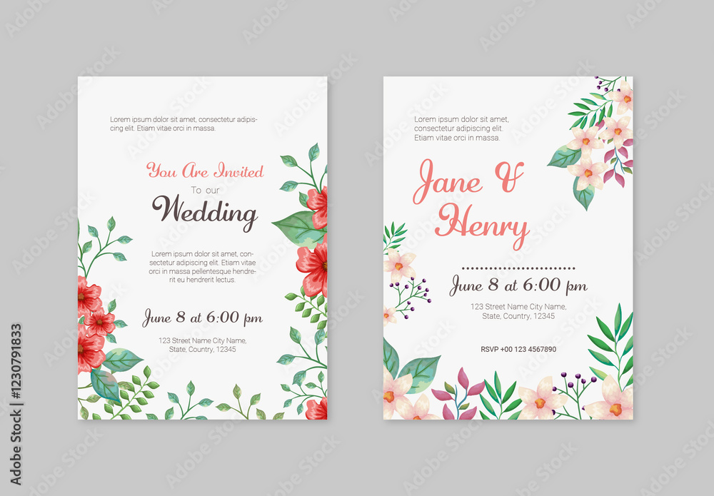 Postable Elegant Wedding Floral Layout Postcard Set Stock Template | Adobe Stock