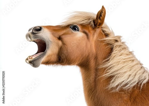 A side view of a yawnng red bay horse, isolated on a white background photo