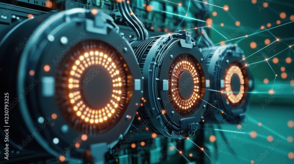 Obraz premium A bank of capacitors inside a power distribution system on a high-tech digital green background.
