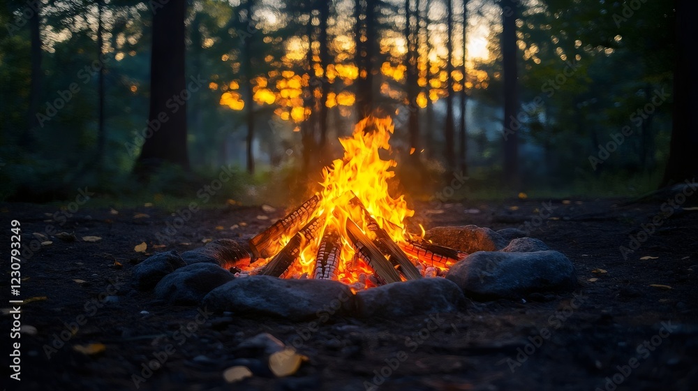 A fire is burning in a pile of wood in a forest