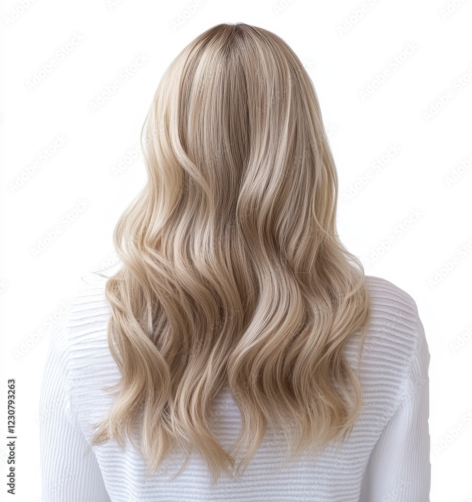 Naklejka premium Long Blonde Wavy Hair Back View on White Background - Hair Styling