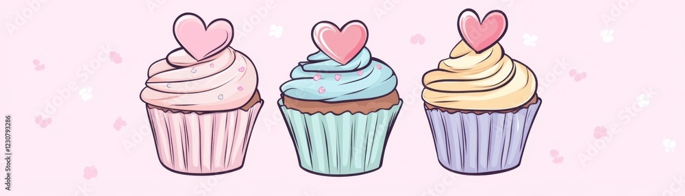 Three Pastel Cupcakes with Heart Toppers - Sweet Treat Illustration Three Pastel Cupcakes with Heart Toppers - Sweet Treat Illustration