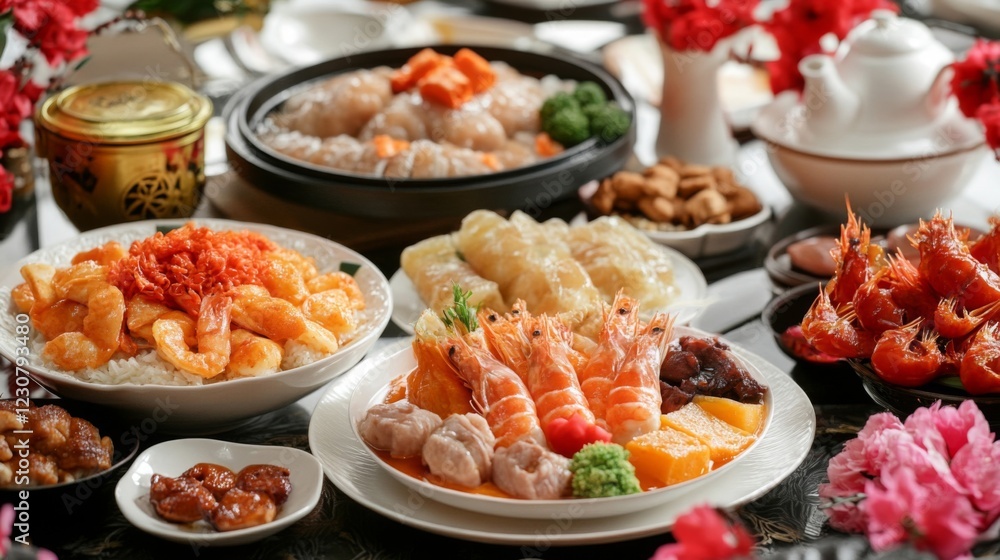 A Lavish Chinese Feast: Shrimp Dishes, Dumplings, and Rice on a Dark Table A Lavish Chinese Feast: Shrimp Dishes, Dumplings, and Rice on a Dark Table