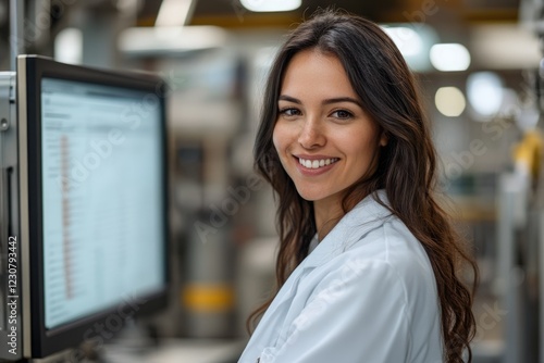 A smiling female scientist confidently poses in a lab setting, working on a computer. Free Download A smiling female scientist confidently poses in a lab setting, working on a computer. - GFXLoad