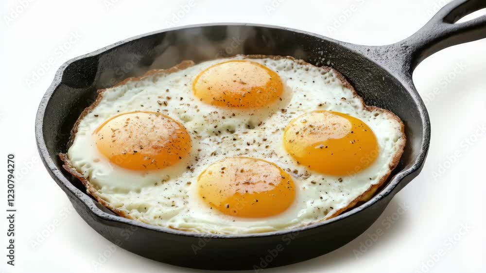 Sizzling cast iron pan cooking perfectly fried eggs with pepper Sizzling cast iron pan cooking perfectly fried eggs with pepper
