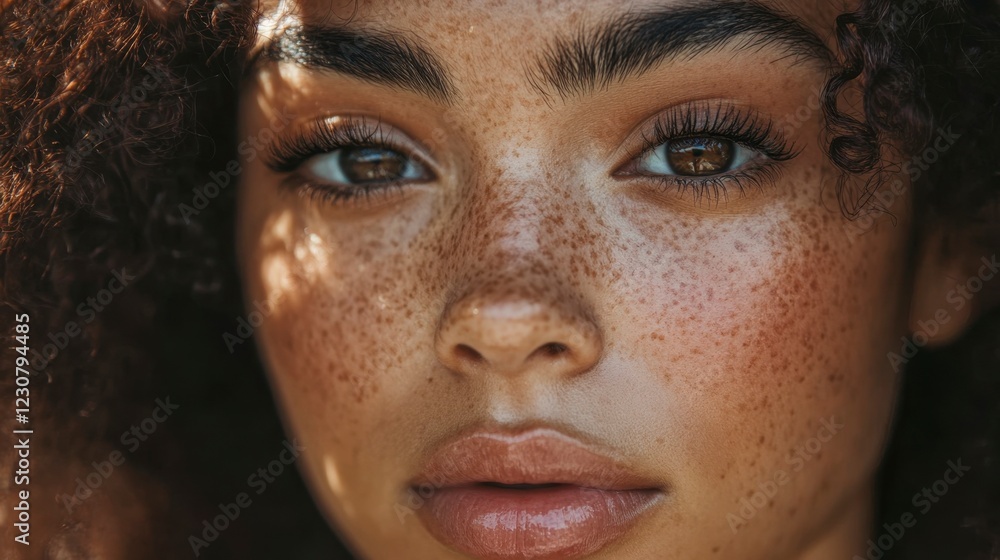 Freckled Woman's Close-Up Portrait, Calm Expression, Natural Light Freckled Woman's Close-Up Portrait, Calm Expression, Natural Light